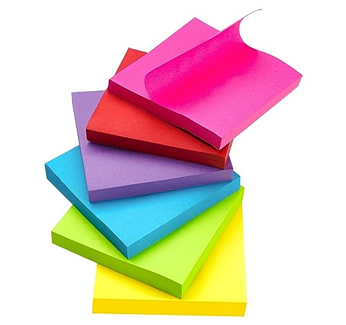 Agoer Lot de 600 Notes Autocollantes 76 x 76 mm, Multicolores, 6 Livres-100 Feuilles/Livre, 6 Couleurs Sticky Notes pour Marquer les Pages pour le bureau,...