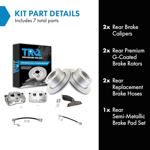 Image of TRQ Rear Brake Pad, Caliper, Hose, & Rotor Kit Semi-Metallic Premium G-Coated Compatible with 2009-2010 Dodge Ram 2500, 3500 2011-2013 Ram 2500 2011-2012 3500