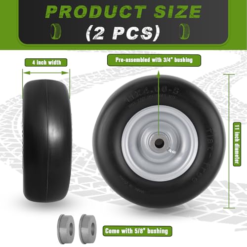 11x4.00-5 Lawn Mower Tires Flat Free for Zero Turn Lawn Mowers Front Tires, 11x4-5 Solid Smooth Tread Tire With 3/4\" or 5/8\" Bushing, 3.4\"-4\"-4.5-5\" Centered Hub, Universal Adapter Kit - Thumbnail 2