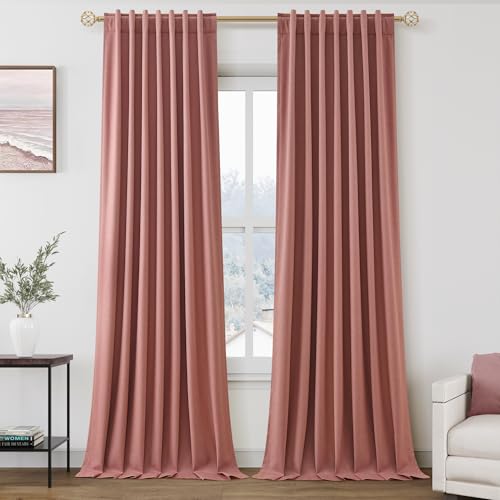 Image of Canyon Rose 100% Blackout Linen Curtains 108 Inches Long for Bedroom Back Tab Thermal Insulated Modern Boho Decor Black Out Girl Curtain for Living Room Floor to Ceiling High Window 52x108, 2 Panels