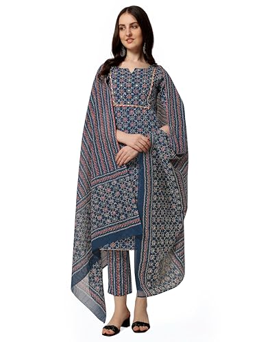 Image of MIRCHI FASHION Women's Straight Fit Cotton Ethnic Block Motif Printed Kurta Set with Dupatta and Trouser