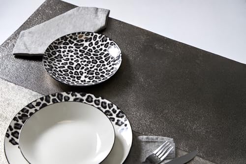 Delys 546151 Tafelservice aus Porzellan, 18-teilig, für 6 Personen, flache Teller, Suppenteller, Dessertteller, Farbe: Schwarz, Motiv Leopard