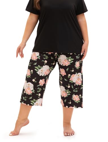 Image of Plus Size Pajamas for Women Set, Womens Plus Size Short Sleeve V Neck Capri Pants Pajama Sets with Pockets