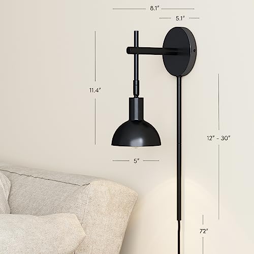 Image of Nathan James Tamlin Wall Light Fixture, Wall Mounted 1-Light Lamp, Plugin Sconce with On /Off Switch for Living Room, Reading Nook or Bedroom, Matte Black