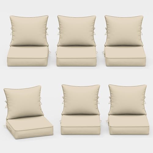 Outdoor Chair Cushions Set of 6, 22 x 22 x 4 Inch Deep Seat and Back Patio Cushions, Waterproof & Fade Resistant All-Weather Cushions for Outdoor Furniture, Couch with Removable & Washable Covers
