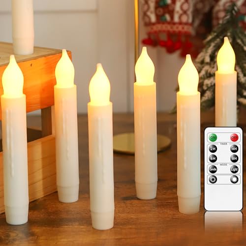 Image of Lezonic Flameless Battery Operated Candlesticks Flickering, 12Pcs White LED Battery Christmas Window Candles, 6 Inch Short Taper Candles Hanging Floating by Touch, with Remote
