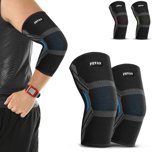 FEVAN PACK 2 Coderas de Compresión para Epicondilitis y Tendinitis, para Hombre y Mujer, Codera Deportiva para Codo de Tenista, Crossfit, Codo Golfista (Azul, M)