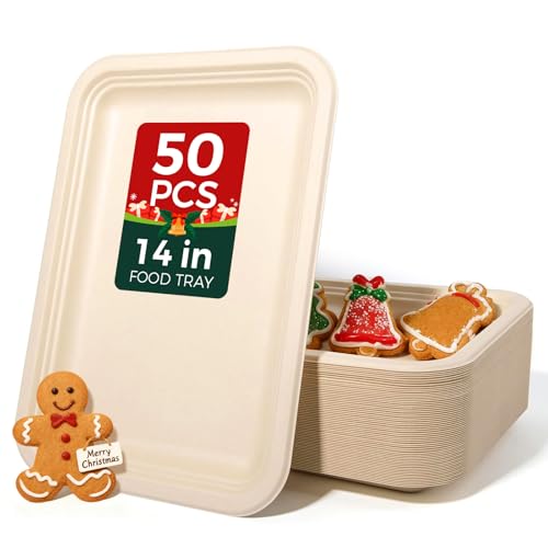 hooray mida 50 Pack 14-Inch Heavy-Duty Compostable Food Trays | Extra Large Disposable Platters for BBQ, Seafood Boils, Catering & Holidays | Eco-Friendly Paper Serving Trays