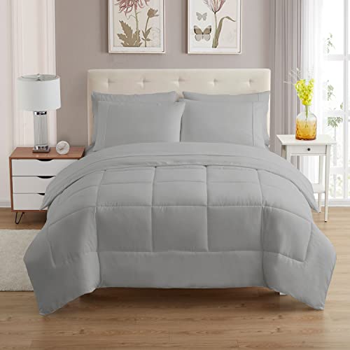 Sweet Home Collection 7 Piece Comforter Set Bag Solid Color All Season Soft Down Alternative Blanket & Luxurious Microfiber Bed Sheets, Silver, Queen