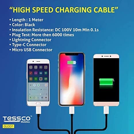 Image of (Tessco GU-331) 3 in 1 USB Cable for Type-C, Micro USB, for All Smartphones, Tablet with Rapid Charging Support (1M, Black)