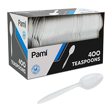 PAMI Medium-Weight Disposable Plastic Teaspoons [400-Pack] - Bulk White Plastic Silverware For Parties, Weddings, Catering Food Stands, Takeaway Orders & More- Sturdy Single-Use Partyware Spoons Cover