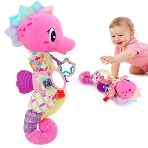 Image of Baby Girl Toys 0-6 Months Musical Seahorse Stuffed Animal Tummy Time Toys for Infant 3-6 6-12 Months with Baby Mirror Sensory Newborn Crinkle Developmental Pink Toy Birthday Shower Gifts 3 4 5 6 Month