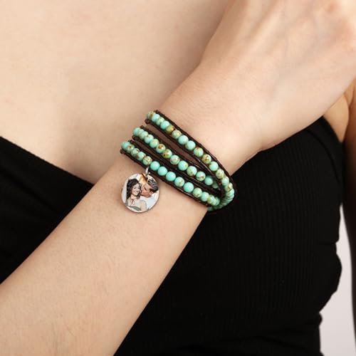 MOWOM Custom Bead Wrap Bracelet for Women Engraved Name Photo Handmade Natural Agate Beads Layered Bracelet Bohemian Style 3 Wraps Adjustable Bracelets Jewelry Gifts F4 - Thumbnail 5