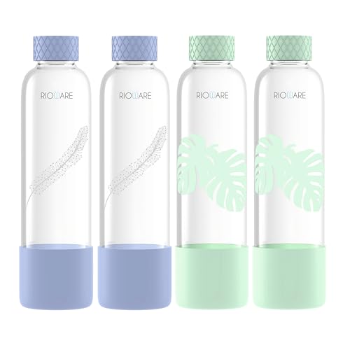 Image of Rioware Purifa Pro Borosilicate Glass Water Bottle With Silicon Sleeve (750Ml) | Airtight Lid | Leak Proof | Silicon Cap | Fridge Water Bottles For Home, Office & Gym -Pack Of 04, Blue&Green