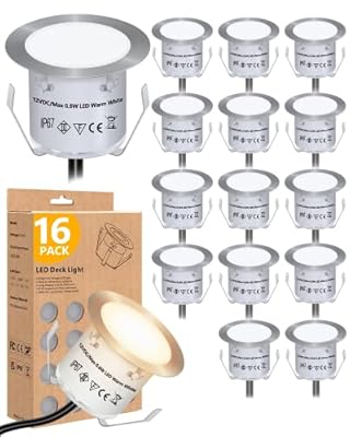 Recessed LED Deck Light Kits(16Pack), 12V Low Voltage Landscape Lighting, IP67 Waterproof Outdoor Step Stair Lights, Warm White deck lighting for Garden,Yard Steps,Stair,Patio,Floor,Decoration