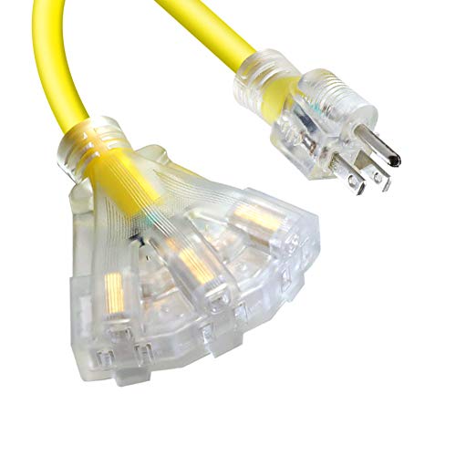 3 FT 12/3 Extension Cord Heavy Duty Yellow 3-Outlet Indoor/Outdoor SJTW Lighted 12-Gauge Grounded Power Cable,12AWG 15 Amp, 1875 Watts，UL Listed，Safety