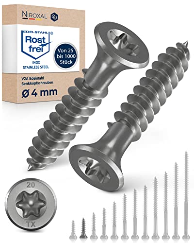Vis à tête fraisée en acier inoxydable TORX en V2A Épaisseur de 4-mm Longueur de vis de 20-mm - 200 pièces Fil partiel de 18-mm Vis à bois 4x20 A2