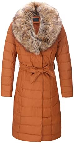 Bellivera Women Faux Leather Puffer Padding Jacket Bubble Sherpa-Lined Coat with Detachable Fur Collar 5528 Camel S