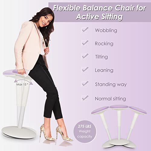 Image of Giantex Wobble Stool Height-Adjustable Standing Desk Stool W /Swivel, Tilt Motion, Premium Airlift, Wiggle Chair for Flexible Seating, for Junior, Home, Office, School Active Chair (Violet+White)