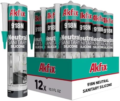 Akfix 918N White 100% Silicone Caulk for Kitchen and Bathroom (12x10.5 fl.oz.) - Solvent-Free, Low Odor, UV & Water Resistant, Fast Curing, Paintable, High Elasticity Silicone Sealant | White, 12 Pack