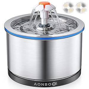 Fuente para Gatos, AONBOY 2,5L Bebedero Gatos de Acero Inoxidable, Iluminación Nocturna, Bomba Muy Silenciosa,Dispensador Automático de Agua para Mascotas con 2 Filtros de Carbón Activado(cableado)