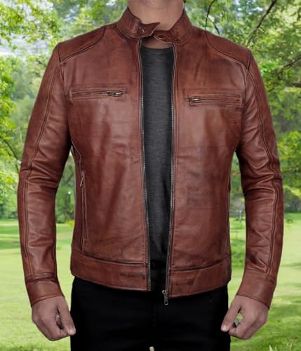 Image of fjackets Mens Leather Jacket - Real Lambskin Cafe Racer Jacket Stand Collar Moto Biker Zip Jacket For Men