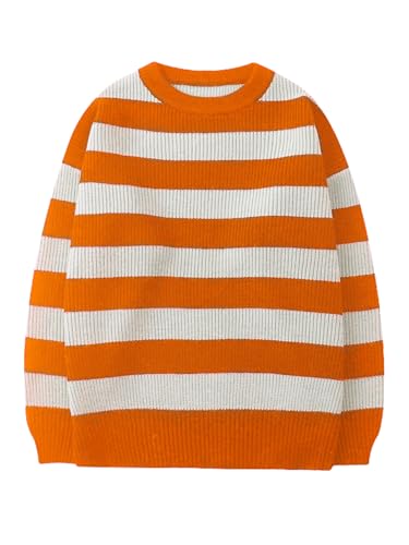 LifeShe Womens Men Striped Sweater Pullovers Oversized Knitted Jumpers Sweatershirts Streetwear Orange