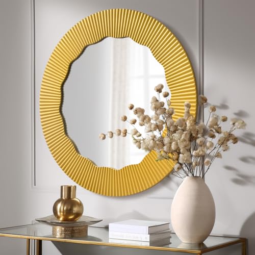 Gumcoly Espejo Pared Redondo Espejo Grande Madera Espejo Pared Decorativo habitacion Dormitorio 70cm Espejo bañó Espejo recibidor Entrada Dorado