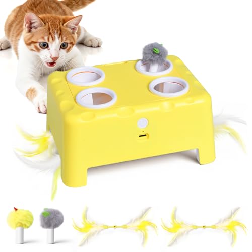PETSWEET Cheese Box Interactive Cat Toy for Indoor Cats 3-in-1 Whack a Mole Feather Toy 3 Modes Rechargeable Auto Cat Toys for Bored Cats 4 Holes Kitten Toy 4 Accessories (Yellow)