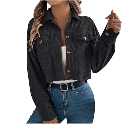 Womens Cropped Jackets Shackets Corduroy Button Shacket Jacket Lightweight Fall Long Sleeve Outerwear with Pocket