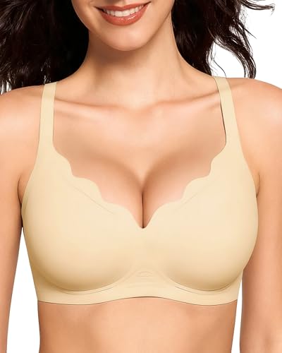 OXYIBRAS Plunge Jelly Bras for Women No Underwire Wireless Deep V Bralettes Soft T Shirt Sleep Bra with Bra Extenders Beige L
