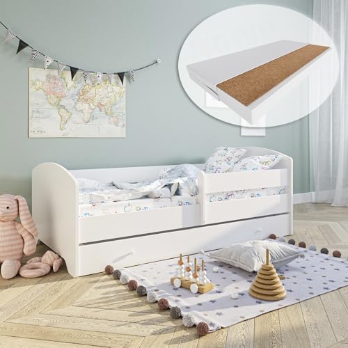 Kids Collective Kinderbett 70x140 / 80x160 Komplett Set inkl. Matratze, Lattenrost, Schublade & Rausfallschutz | Einzelbett für Kinder von 2 – 10 Jahren | 80x160 cm | weiß
