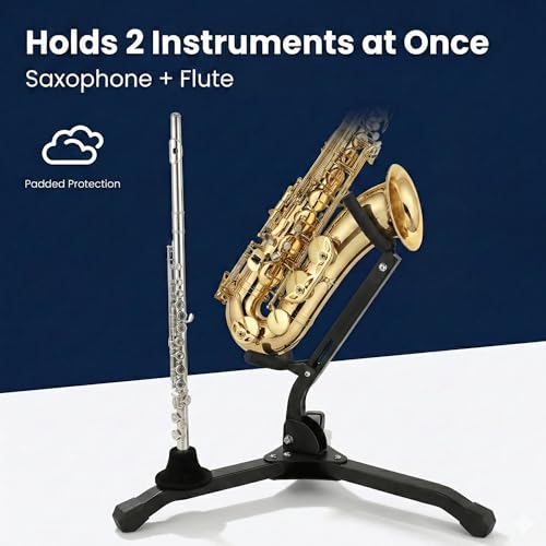 MoResolune Alto Tenor Saxophone Stand with Clarinet Flute Peg, Foldable Metal Tripod Sax Holder, Portable Woodwind Instrument Rack for Stage and Travel, Black