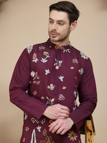 Image of Jompers Floral Embroidered and Sequins Kurtas (Wine, M)