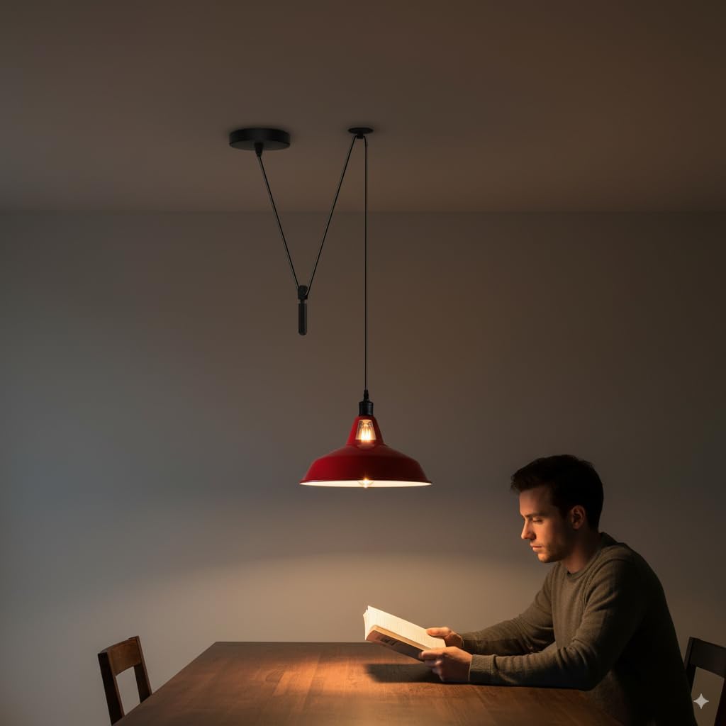 Industrial Pulley Red Pendant Light 2M Adjustable Vintage Ceiling Fixture with Barn Style Metal Shade, E26 Socket Hanging Lamp for Kitchen Island, Dining Room, Cafe, Bar