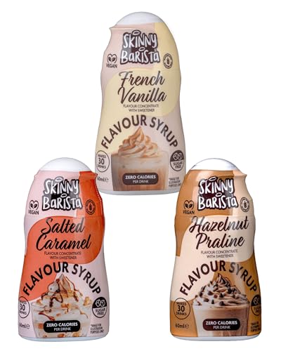 The Skinny Food Coffee Flavour Vegan Syrup Bundle Pack - Salted Caramel French Vanilla & Hazelnut Praline Concentrate with sweetener 60ml x Pack of 3
