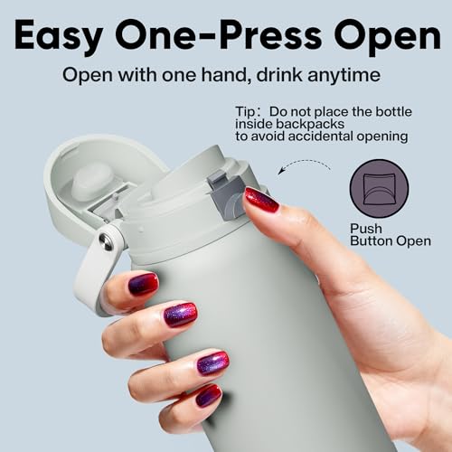 Image of Insulated Water Bottle with Straw - Encool Stainless Steel Water Bottle with Push Button Lid, Leak-Proof & BPA-Free, Keeps Cold for 24 Hours for Sports, Travel, Gym (32 oz, Silver Grey)