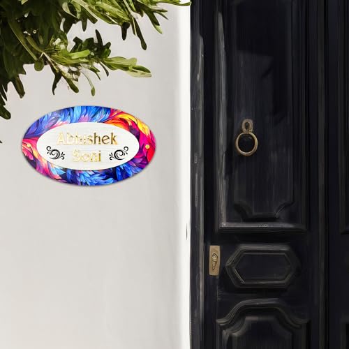 Image of BEE CREATIVE Laser Cutting Customise Name Plate for Home Entrance (Oval feather) | Modern Acrylic Name Plate for Main Door, Outdoor Name Board, Stylish Design for Flats, Apartments & Villas