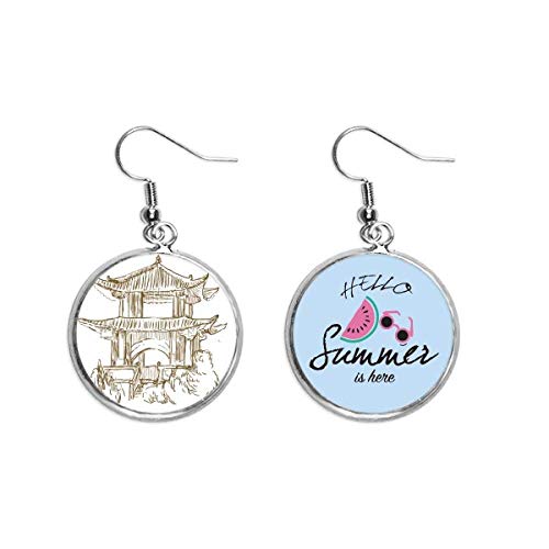 Pendientes de sandía con dibujo de paisaje de China en madera para verano