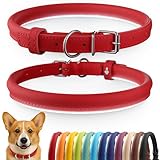 CollarDirect Reflective Rolled Leather Dog Collar, Soft Padded Round Puppy Collar, Handmade Genuine Leather Collar Dog Small Large Cat Collars 13 Colors (13-16 Inch, Red Smooth)