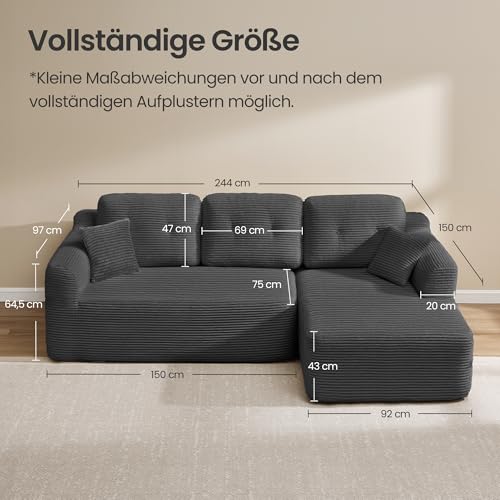 VASAGLE Ecksofa, modulares Sofa 244 cm breit, vakuumverpackt, Schlafsofa, Keine Montage erforderlich, mit großer Chaiselongue rechts, für Wohnzimmer, Gästezimmer, schiefergrau LCS184GN01