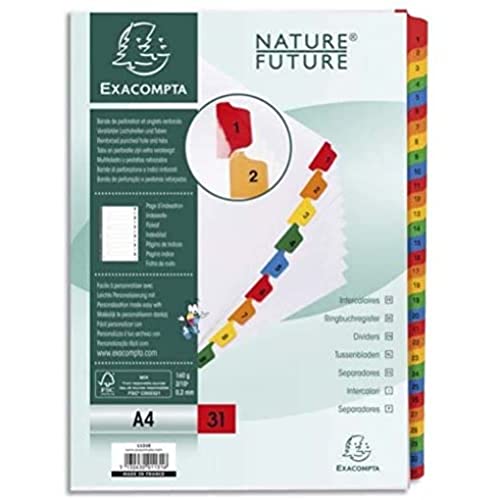 Exacompta - Réf. 1131E - Intercalaires en carte blanche 160g/m2 FSC® avec 31 onglets imprimés numériques de 1 à 31 couleur - Page d'indexation imprimable...