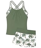 RAISEVERN Girls Swimsuit Cute Bathing Suits for Teens Size 8 2 Piece Adjustable Cross Straps Tween Tankini with Summer Tropical Palm Tree Swim Short Size 7-8