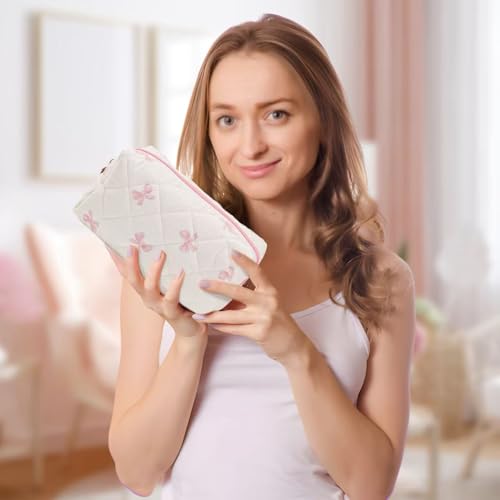Image of Floral Quilted Makeup Bag - Cosmetic and Skincare Product Pouch, Fashionable Travel Puffy Coquette Makeup Bag, Small Cute Attractive, Bow, Modern