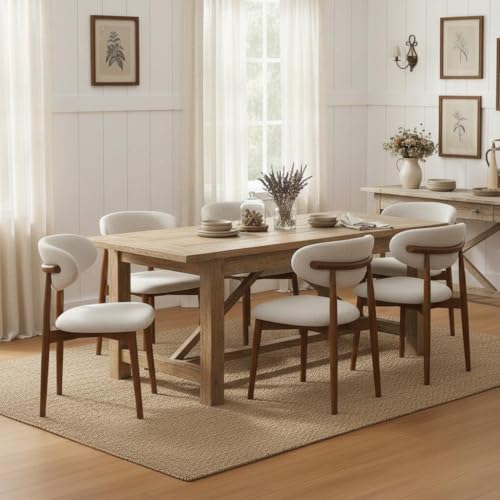 Wooden Dining Chairs Set of 6, Modern Fabric Upholstered Kitchen Side Chairs, Farmhouse Dining Room Chair wfor Dining Room Restaurant, Beige