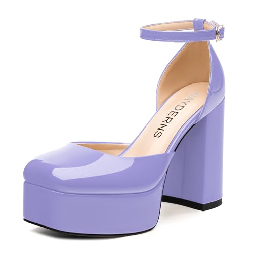 WAYDERNS Lavender Platform Heels for Women Block High Heel Patent Leather Closed Square Toe Ankle Strap 4.3 Inch Pumps Fashion Wedding Evening Party Dress Shoes Size 9