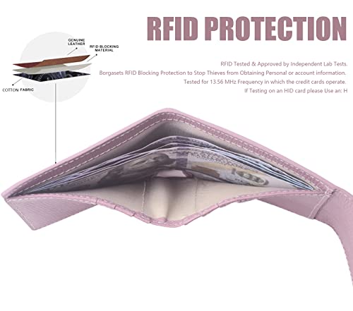 Borgasets Small Wallet for Women Genuine Leather RFID Blocking Card Holder Organizer Pocket Compact Bifold Ladies Mini Purse (Crosshatch Light Pink)4