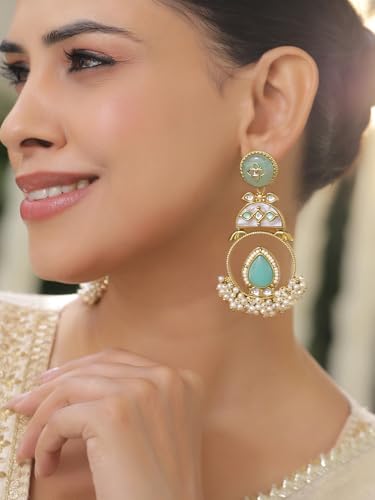 Image of Rubans Drop Earrings Stylish Jewellery with Aqua Green Stone & Pearls Gift for Women & Girls