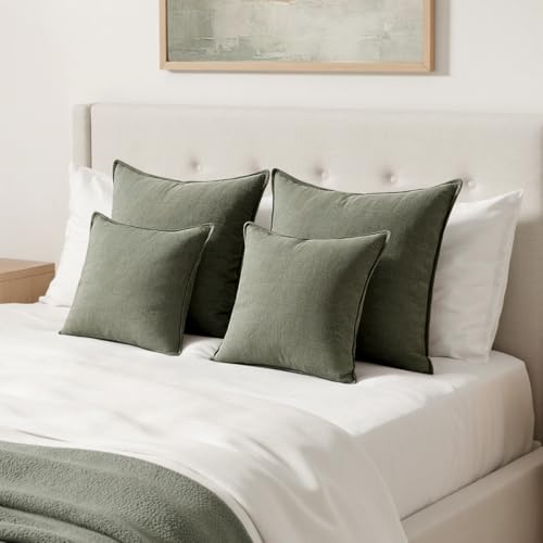 Image of MIULEE Decorative Linen Euro Sham Pillow Covers 24x24 Inch Olive Green Boho Farmhouse Neutral Couch Throw Pillows for Bed Pack of 2 Accent Outdoor Pillowcase Modern Sofa Cushion Livingroom Home Decor