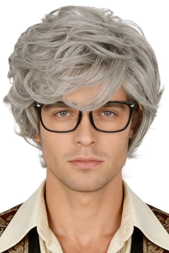 LeMarnia Mens Wigs 70s 80s Wigs for Men Grey Hippie Wig Halloween Costume Cosplay Wig